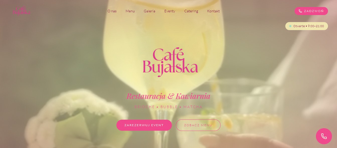 Zrzut ekranu strony internetowej Café Bujalska — projekt wykonany przez Wyróżnij się